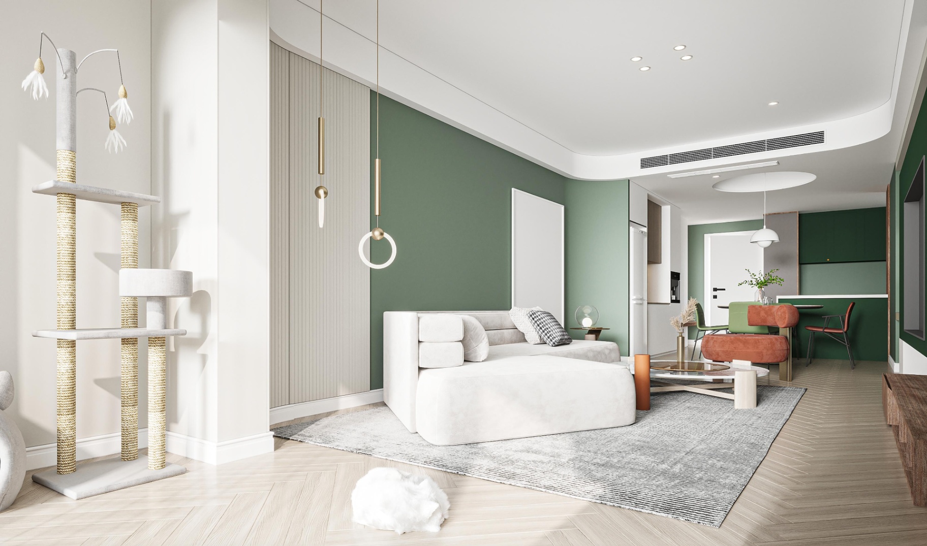 Un salon dans les tons froids (vert sauge)